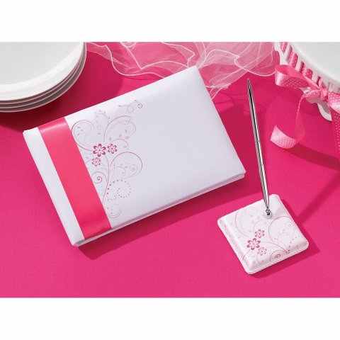 Livre dor mariage  blanc - Arabesques roses - Porte stylo & stylo argenté
